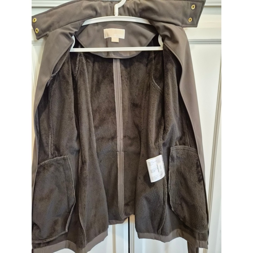 Michael Kors Womens XS Gray Softshell Jacket Faux Fur Lined Hooded Belted Trench - Picture 8 of 15